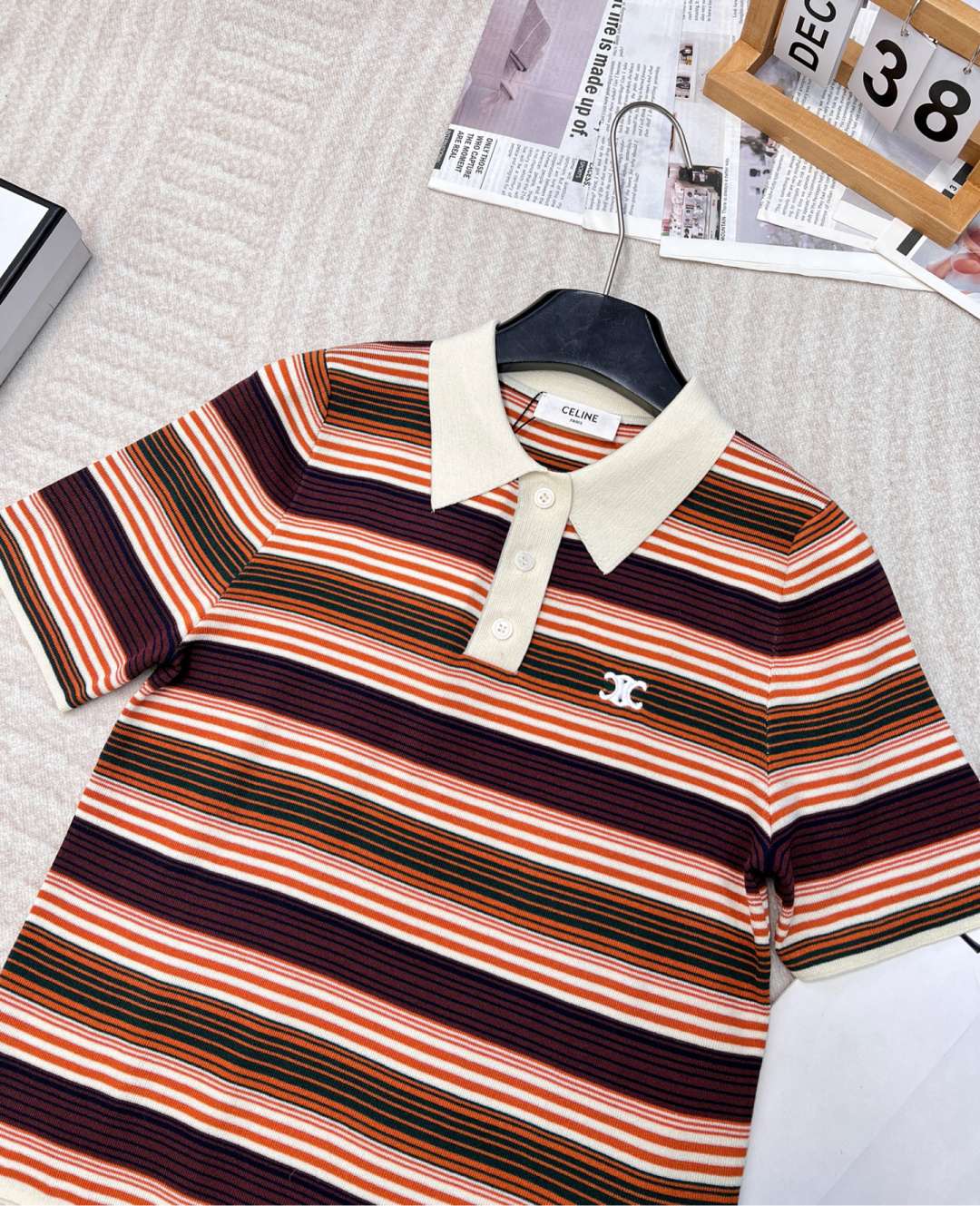 🆕 CELINE早春新款字母logo刺绣🤎条纹P薄款Polo针织衫短袖超级轻薄 夏天穿完全不会热！！信我