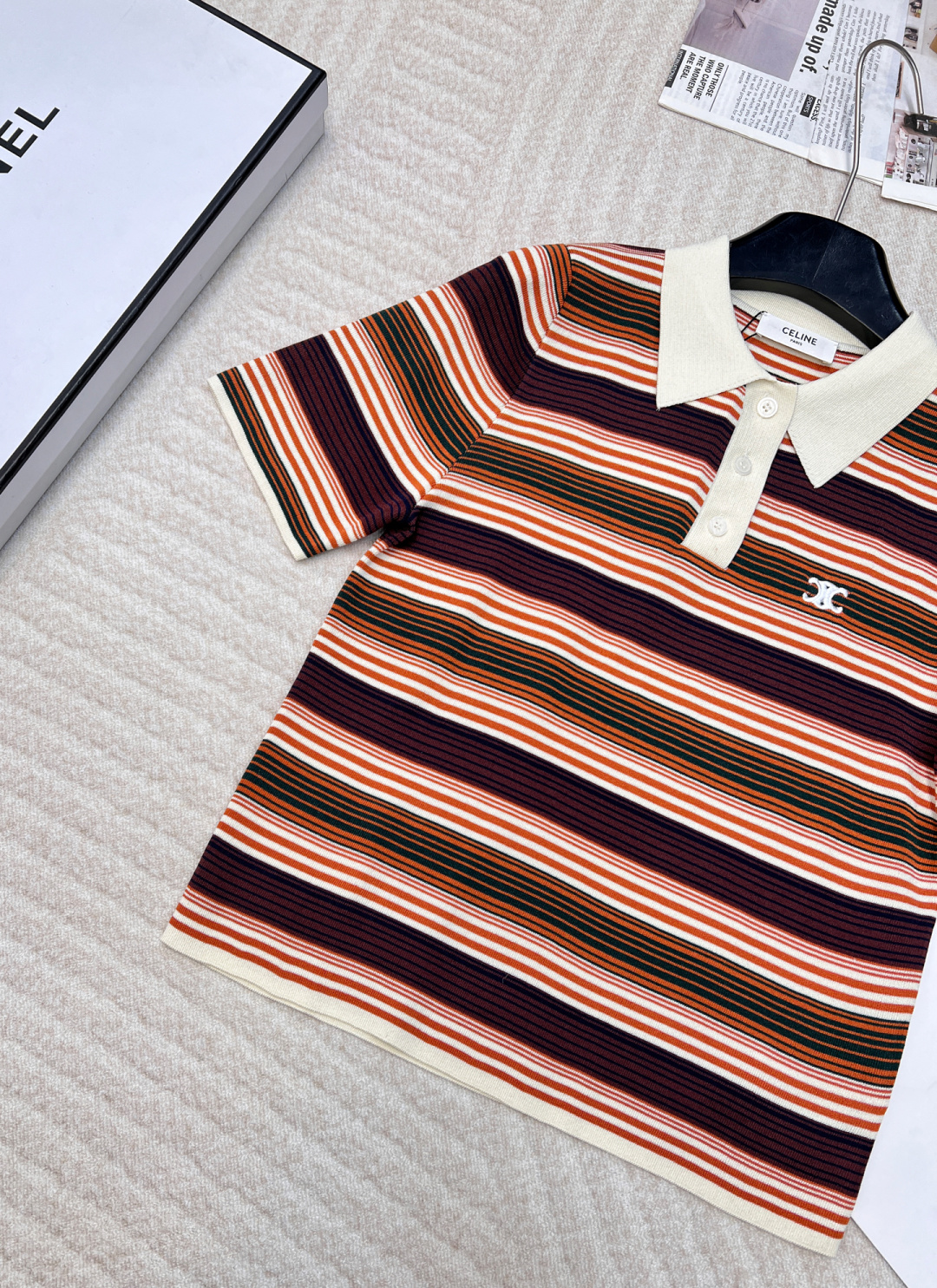 🆕 CELINE早春新款字母logo刺绣🤎条纹P薄款Polo针织衫短袖超级轻薄 夏天穿完全不会热！！信我