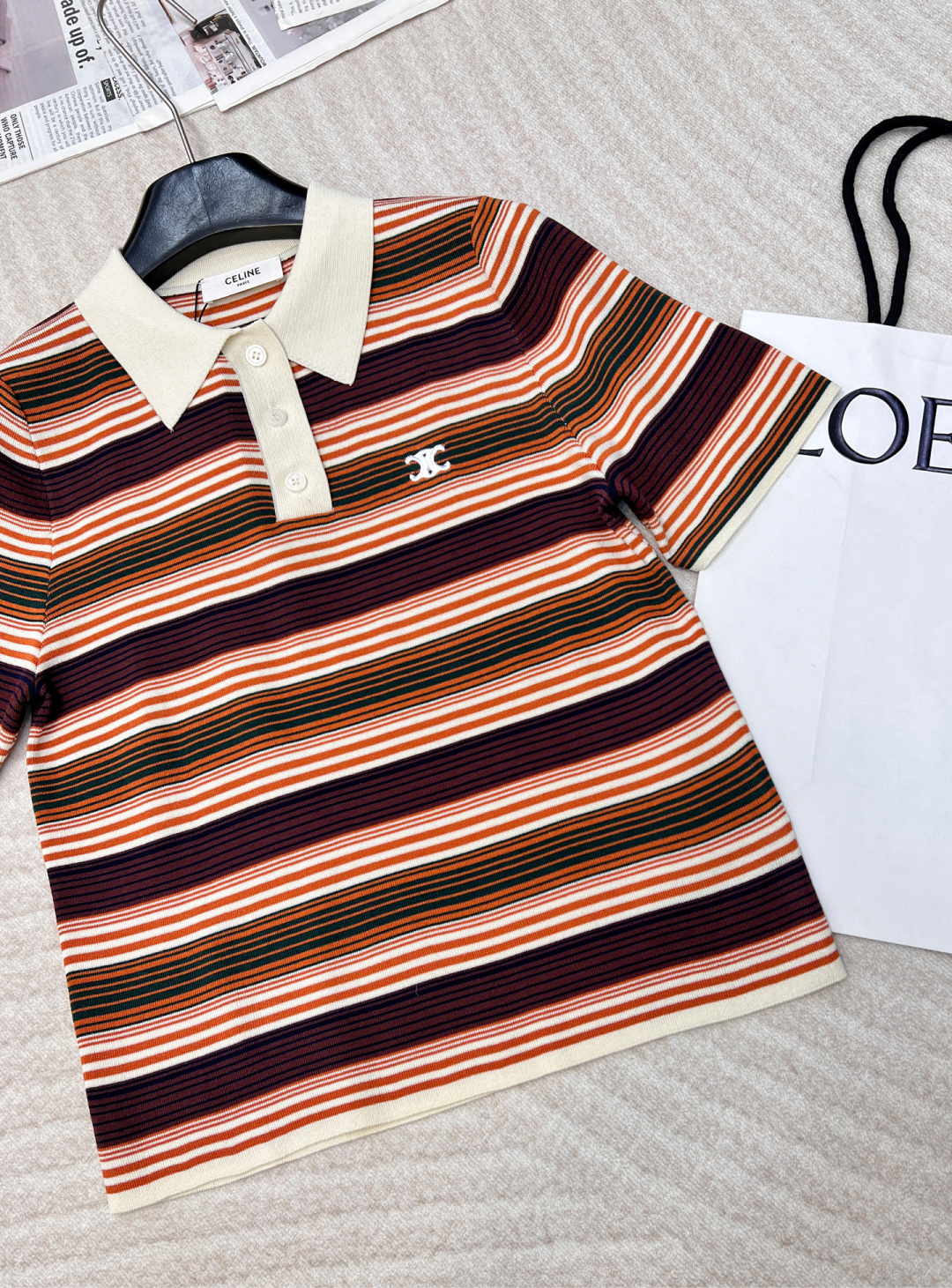 🆕 CELINE早春新款字母logo刺绣🤎条纹P薄款Polo针织衫短袖超级轻薄 夏天穿完全不会热！！信我