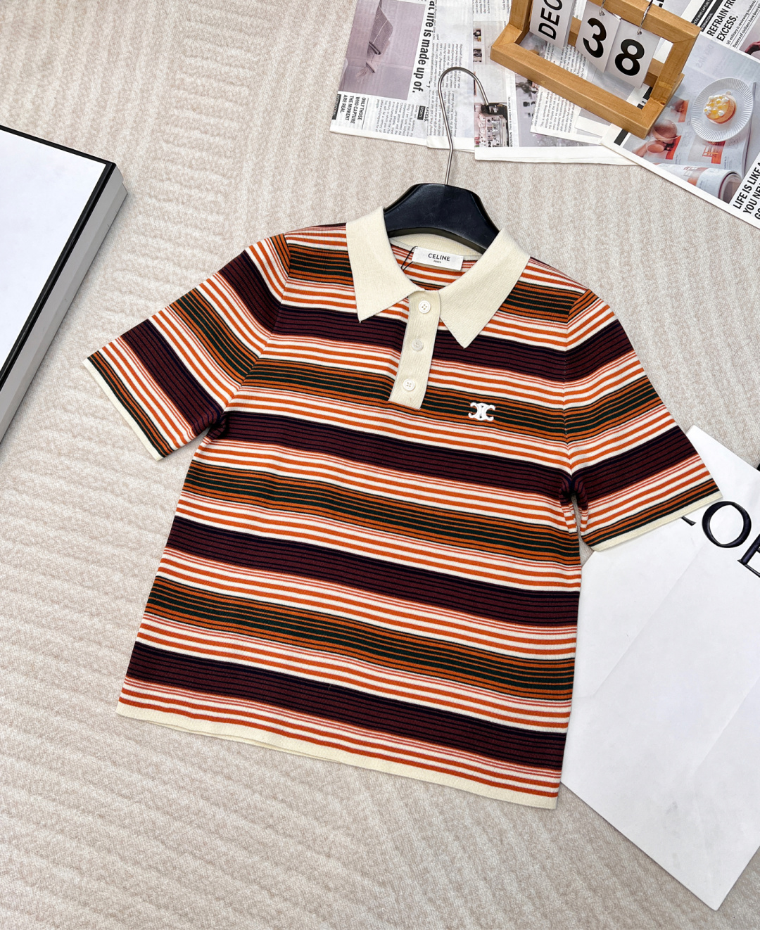 NO:294118,CELINE early spring new letter logo embroidery striped P thin Polo sweater short sleeves are super thin and will not be hot at all when worn in summer!  !  Trust me!  The upper body is invincible and breathable, very comfortable!  100% customer-supplied yarn, soft and delicate, super comfortable. Whoever wears it looks good and light retro striped POLO shirt. Low saturation colors collide with classic stripes and inject youthful vitality. No matter how you conjure the shape, it will be eye-catching, full of styles, simple and generous, very friendly to all kinds of figures, allowing the free and relaxed atmosphere to be fully displayed!  High-end brown color is not picky and tasteful, elegant and fashionable!  Paired with a skirt, pleated skirt and shorts all look good!  Size sml, celine, skirts, shorts, T-shirt, alexander wang19860909CELINE早春新款字母logo刺绣条纹P薄款Polo针织衫短袖超级轻薄 夏天穿完全不会热！！信我！ 上身无敌透气,舒服的很！百分百客供纱线,手感柔软细腻,超级舒服 谁穿谁好看轻复古条纹POLO衫 低饱和度色彩碰撞于经典条纹中注入年轻活力 任你怎么凹造型都吸睛满满版型简单大方,对各种身材都很友好让自由、轻松的氛围展露无遗！ 高级咖啡色不挑人有品位 清雅的大气时髦！搭配半裙 百褶裙 短裤都好看！ 尺码sml,,celine,skirts,shorts,T-shirt,alexander wang,Women's clothing