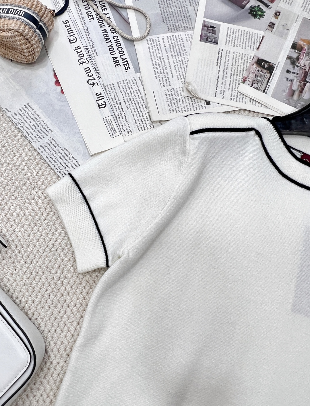 🆕Gucci新款一字领撞色针织短袖，定制YB全棉纱线织造 细腻肌理 柔软舒适 一字领针织短袖裁剪 微微敞