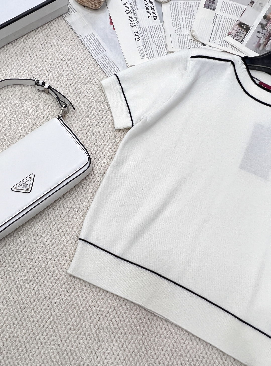 🆕Gucci新款一字领撞色针织短袖，定制YB全棉纱线织造 细腻肌理 柔软舒适 一字领针织短袖裁剪 微微敞