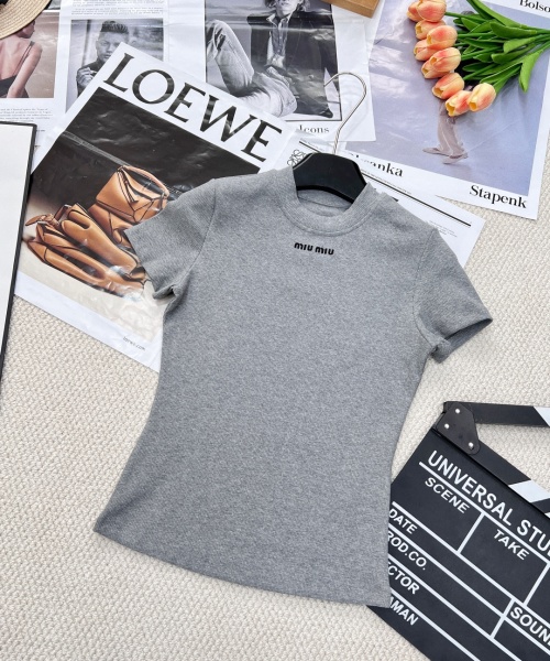 Miu Miu Gray Embroidered Logo Cotton T-Shirt,Classic Slim Fit 1 Miu Miu Gray Embroidered Logo Cotton T-Shirt,Classic Slim Fit