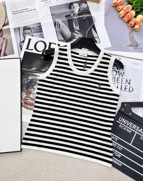 Saint Laurent Striped Sleeveless Tank Top with Logo Brooch 1 Saint Laurent Striped Sleeveless Tank Top with Logo Brooch