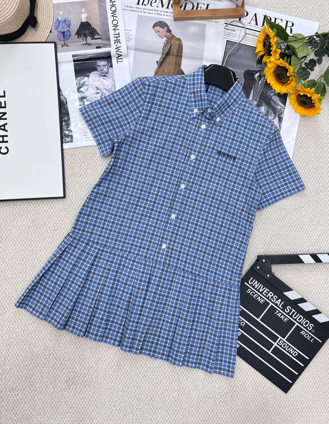 🆕MiumiuSS新款短袖百褶连衣裙，定制YB原生全棉材质 质感光泽 垂顺舒适 钮扣开襟𝑝𝑜𝑙𝑜连衣裙版