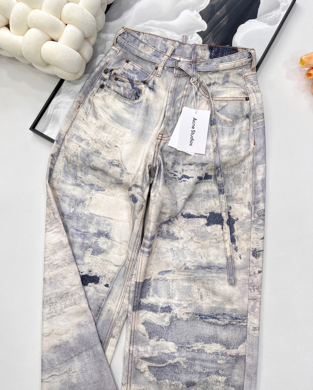 🆕AcneStudios2025新款复古潮牌AC风格做旧水系油画废土风阔腿显瘦宽松牛仔裤, 正面纽扣和门