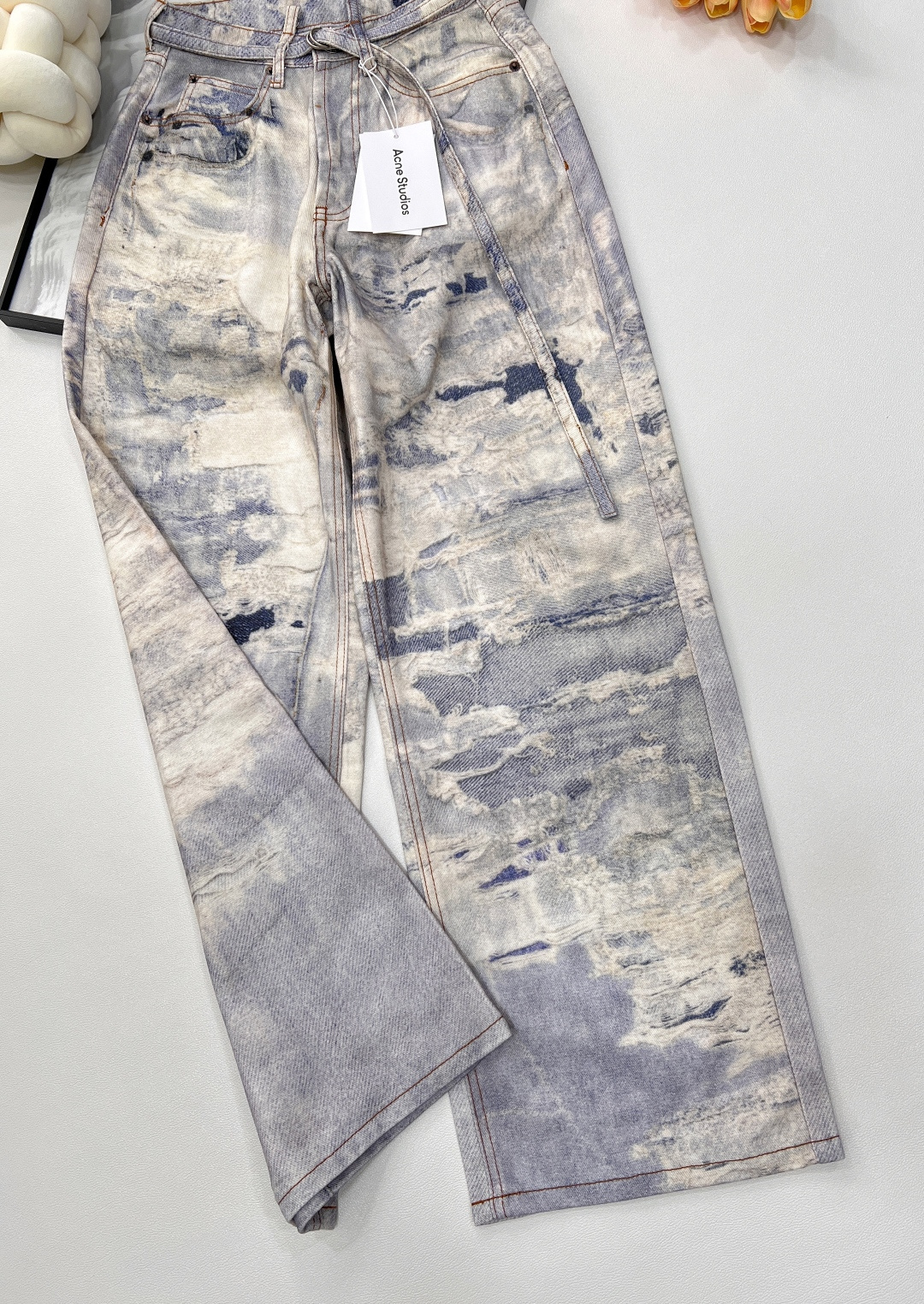 🆕AcneStudios2025新款复古潮牌AC风格做旧水系油画废土风阔腿显瘦宽松牛仔裤, 正面纽扣和门