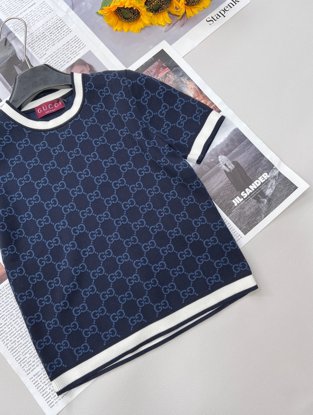 🆕Gucci2025新款双G提花针织短袖，定制纱线织造 质感舒适 透气好穿 短袖针织上衣剪裁 双色交织满