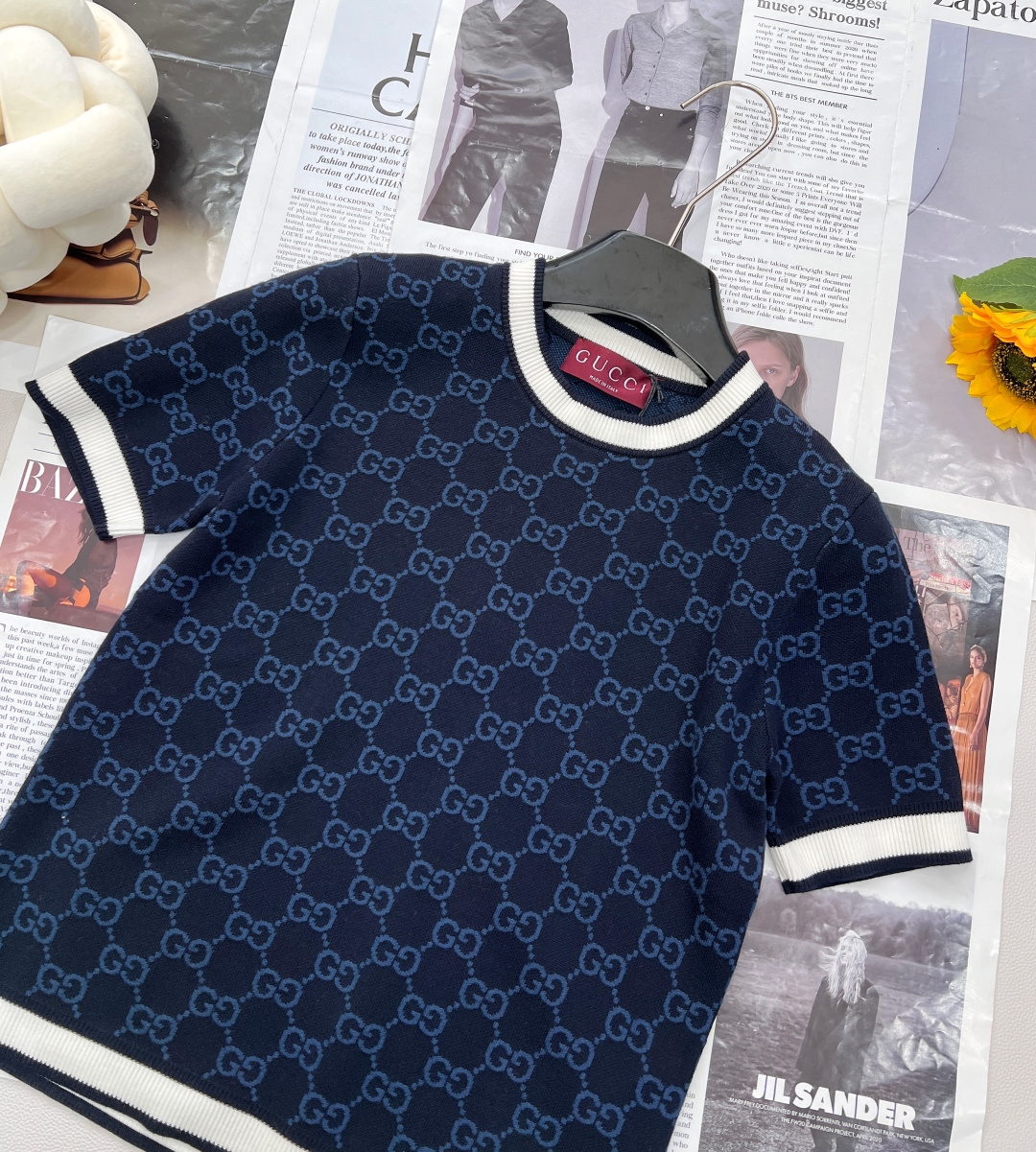 🆕Gucci2025新款双G提花针织短袖，定制纱线织造 质感舒适 透气好穿 短袖针织上衣剪裁 双色交织满