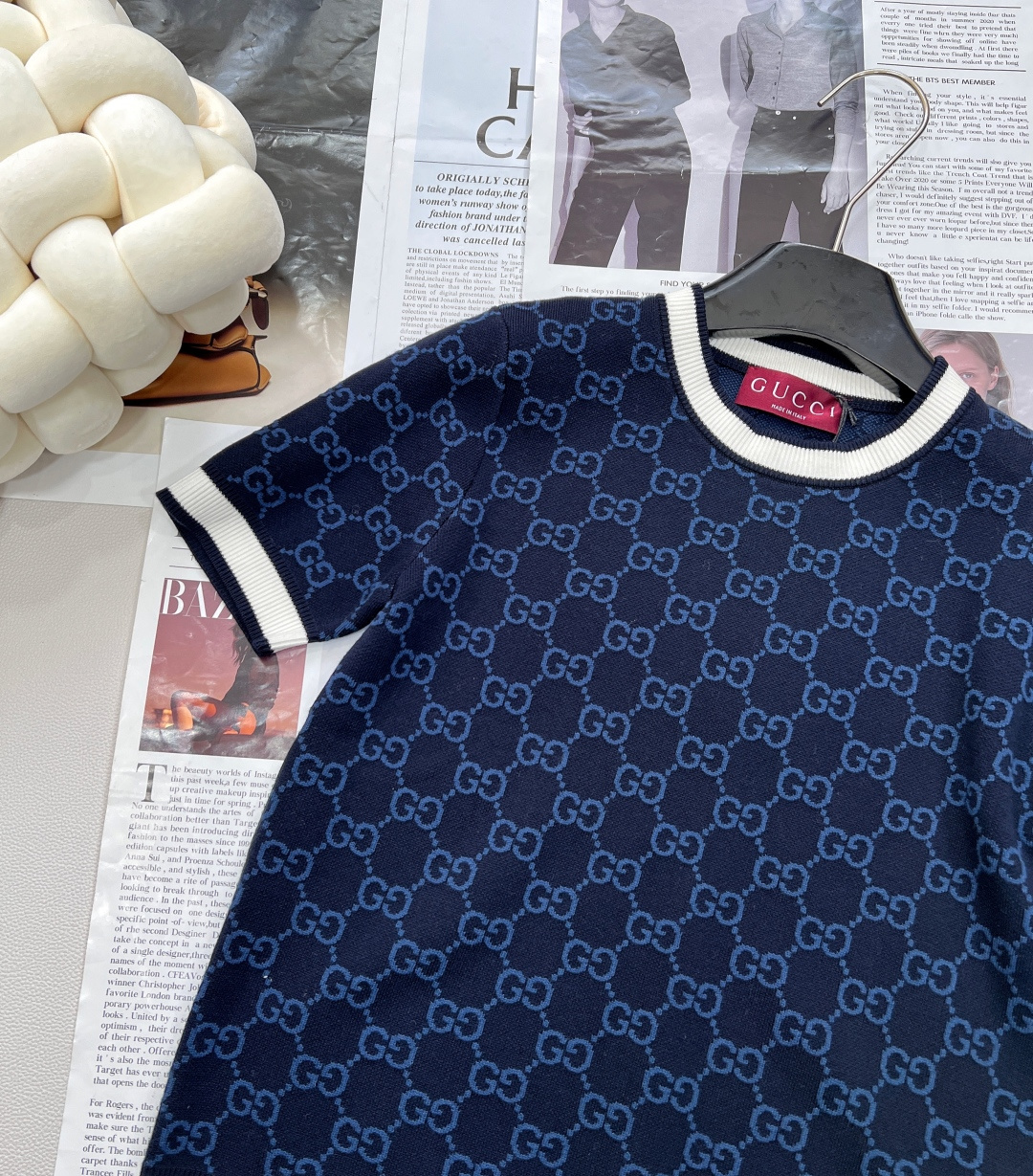 🆕Gucci2025新款双G提花针织短袖，定制纱线织造 质感舒适 透气好穿 短袖针织上衣剪裁 双色交织满