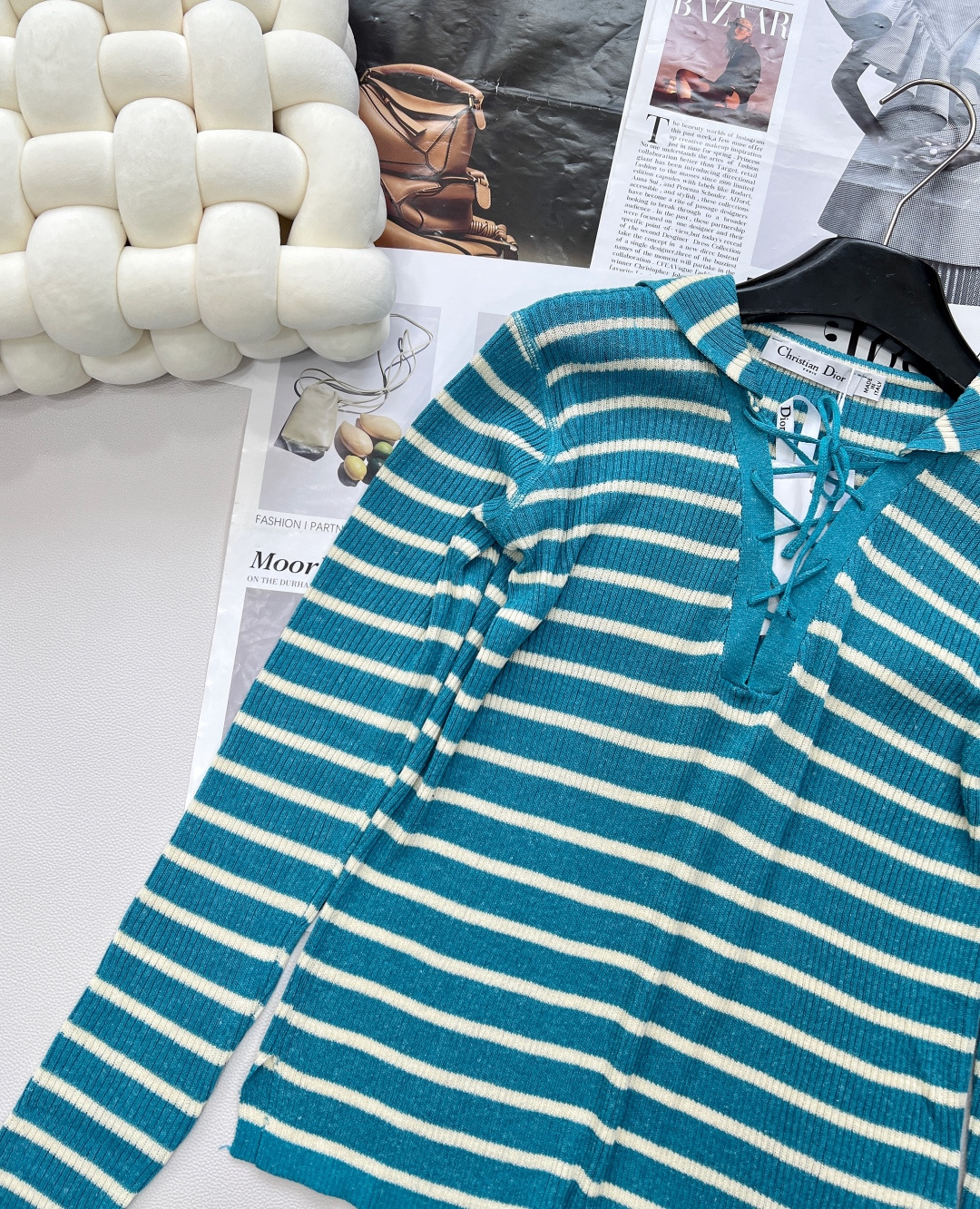 🆕Dior新款披肩领条纹针织长袖上衣，定制YB亚麻纱线织造 密实细针工艺 呈现明显肌理 舒适有型 披肩套