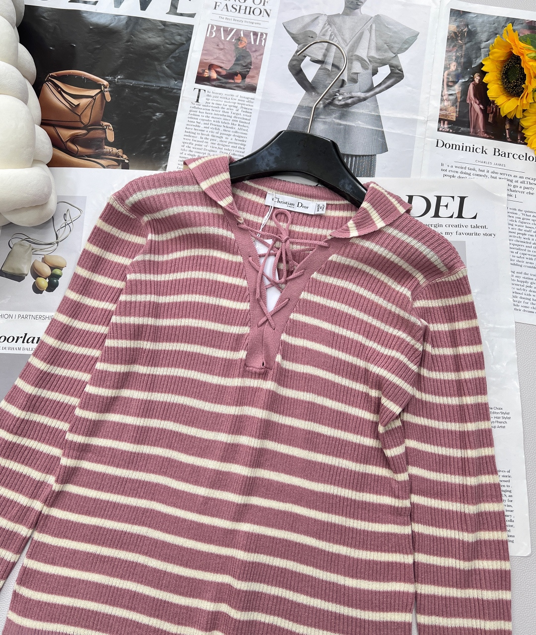 🆕Dior新款披肩领条纹针织长袖上衣，定制YB亚麻纱线织造 密实细针工艺 呈现明显肌理 舒适有型 披肩套