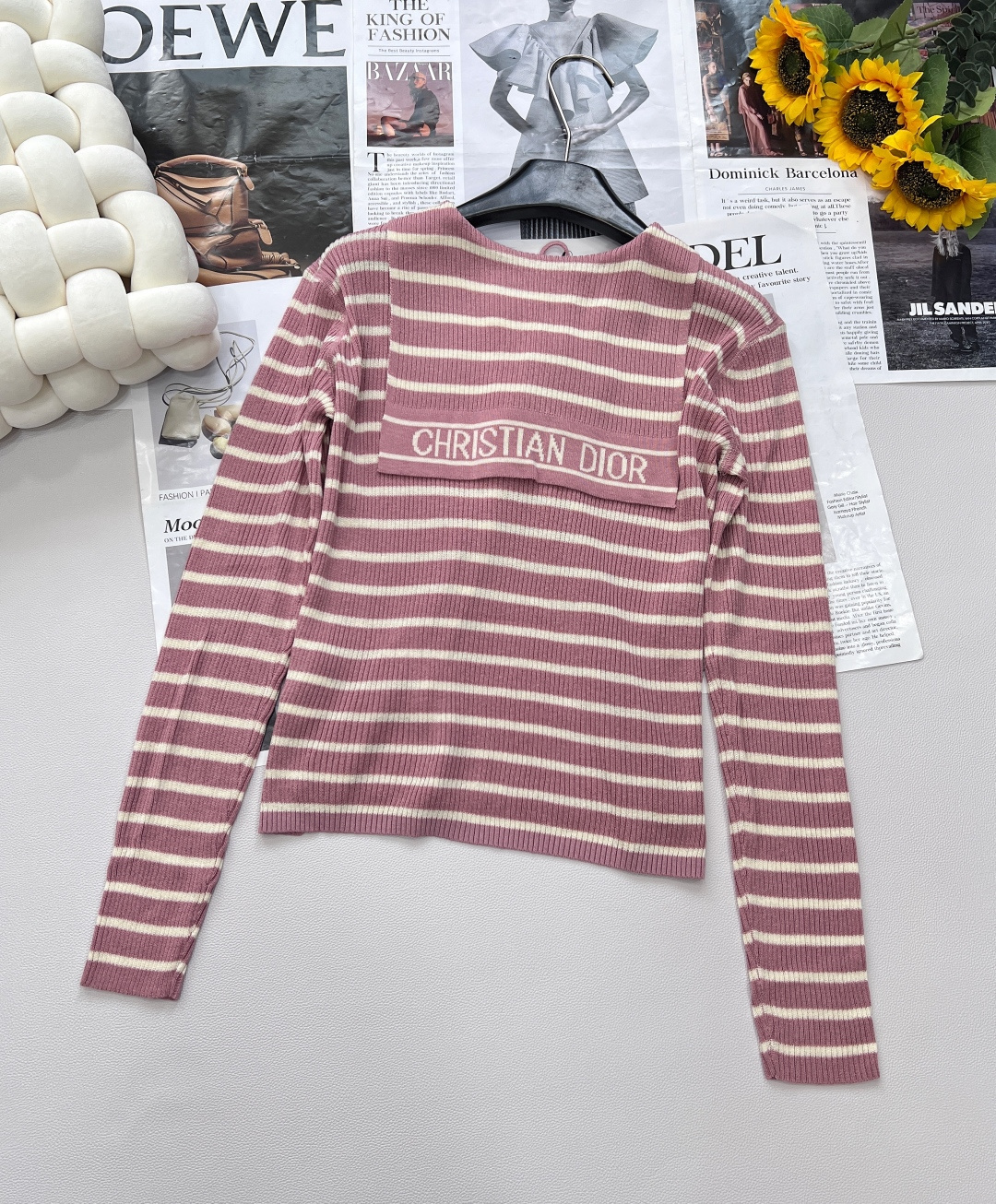 🆕Dior新款披肩领条纹针织长袖上衣，定制YB亚麻纱线织造 密实细针工艺 呈现明显肌理 舒适有型 披肩套
