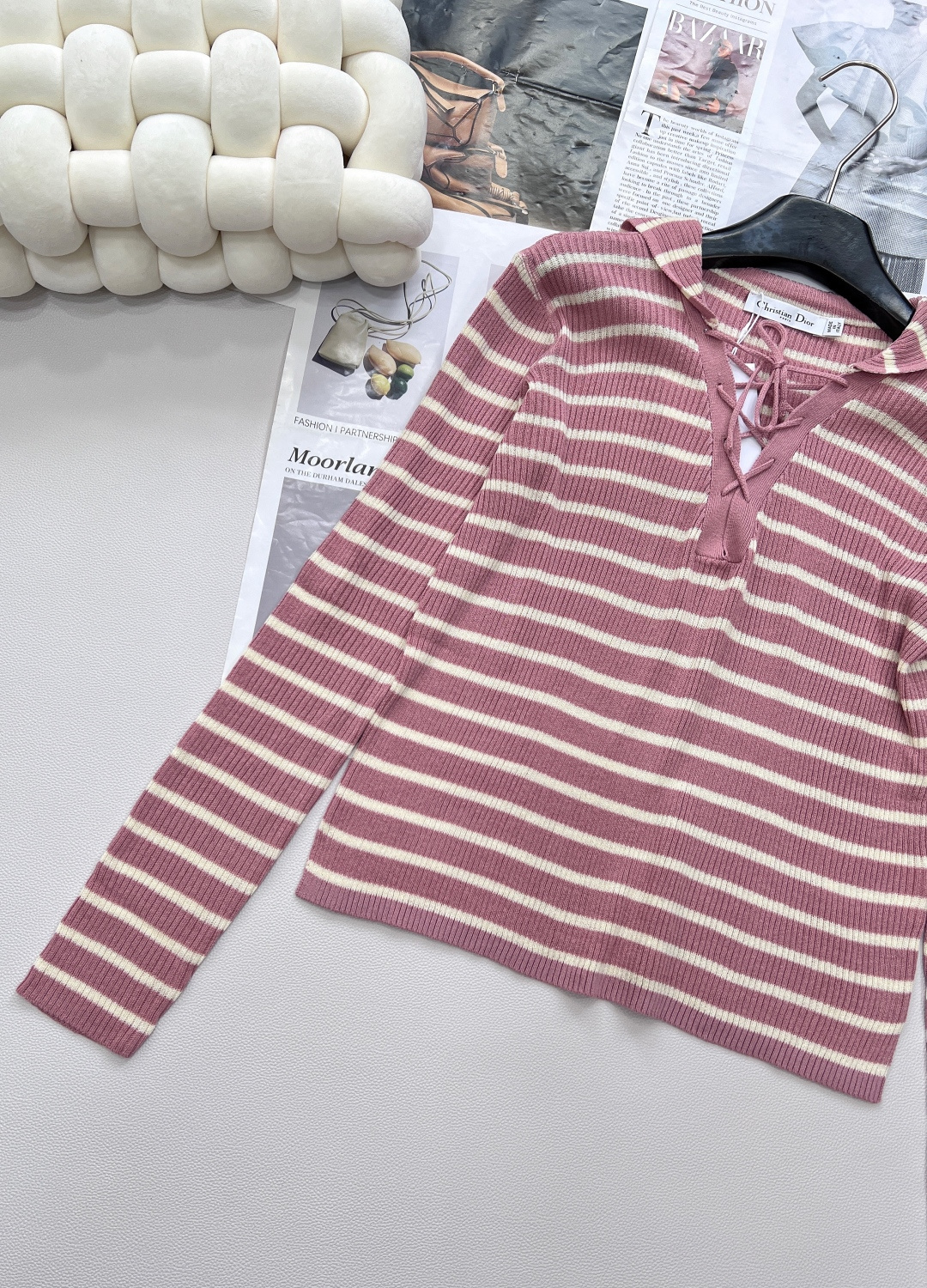 🆕Dior新款披肩领条纹针织长袖上衣，定制YB亚麻纱线织造 密实细针工艺 呈现明显肌理 舒适有型 披肩套