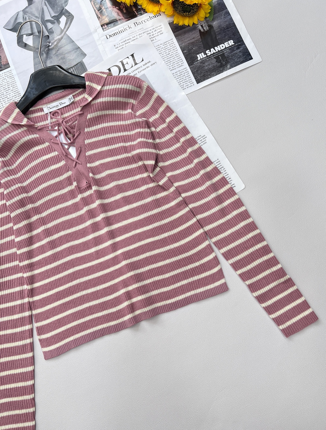 🆕Dior新款披肩领条纹针织长袖上衣，定制YB亚麻纱线织造 密实细针工艺 呈现明显肌理 舒适有型 披肩套