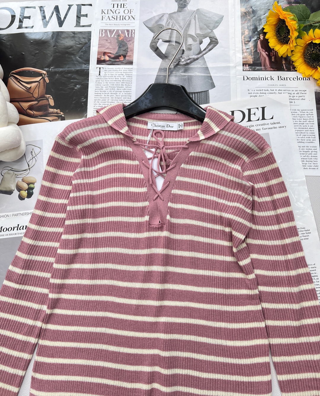 🆕Dior新款披肩领条纹针织长袖上衣，定制YB亚麻纱线织造 密实细针工艺 呈现明显肌理 舒适有型 披肩套