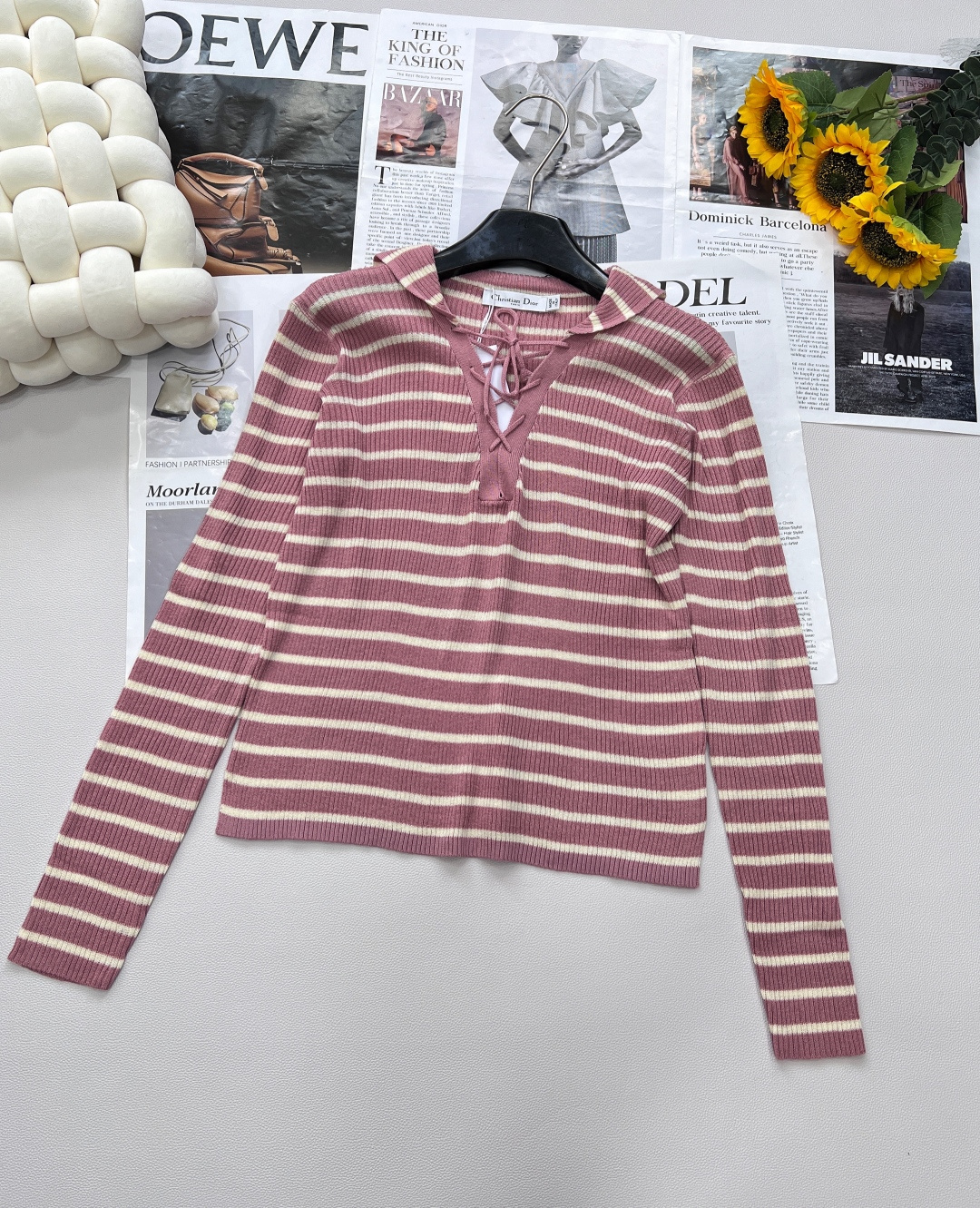 🆕Dior新款披肩领条纹针织长袖上衣，定制YB亚麻纱线织造 密实细针工艺 呈现明显肌理 舒适有型 披肩套