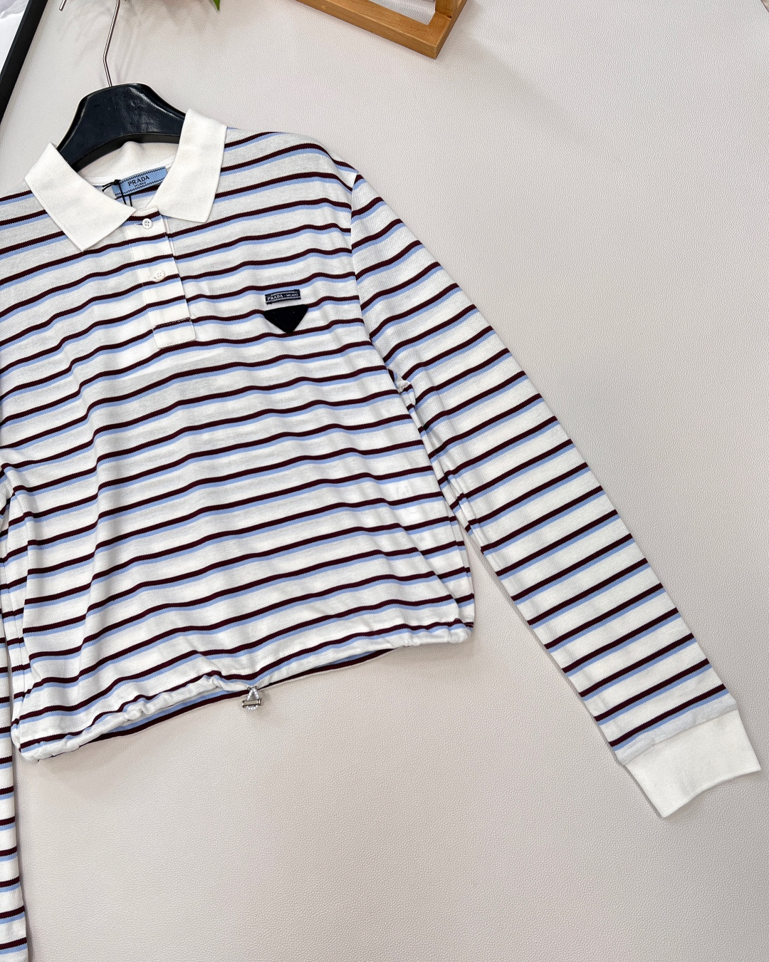 🆕Prada25Ss新款条纹短款抽绳长袖Polo衫丨⚠独家高版出品！纯棉材质质感舒适细腻 裁剪利落宽松版