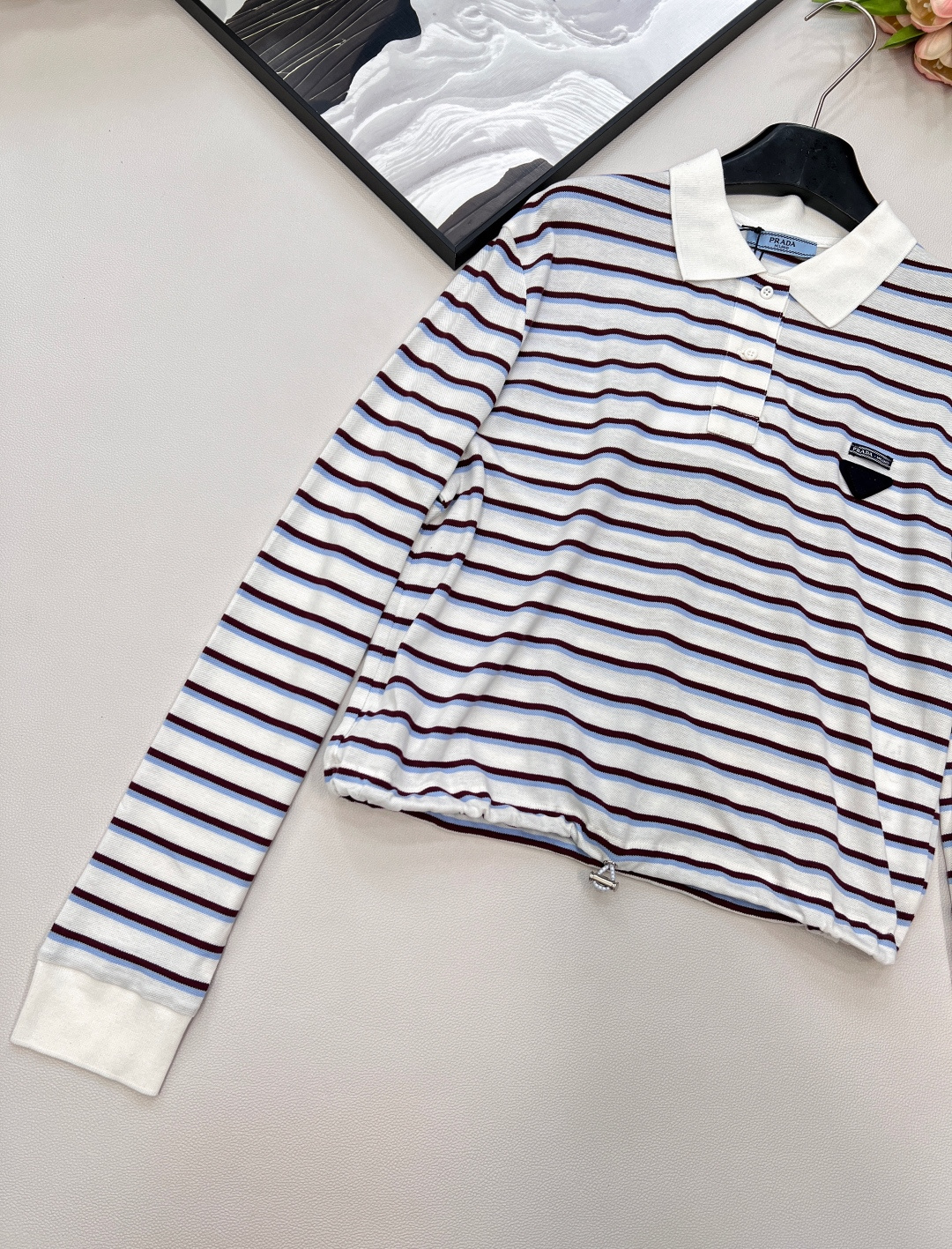 🆕Prada25Ss新款条纹短款抽绳长袖Polo衫丨⚠独家高版出品！纯棉材质质感舒适细腻 裁剪利落宽松版