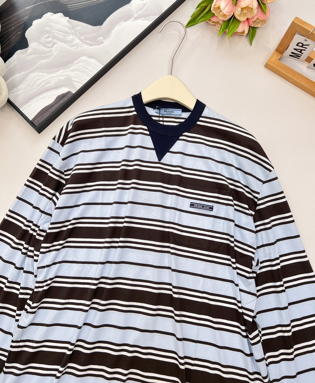 🆕Prada25Ss春夏新款薄荷巧克力🍫🩵条纹长袖圆领T恤丨⚠独家高版出品！超级高级的配色搭配 宽松版型