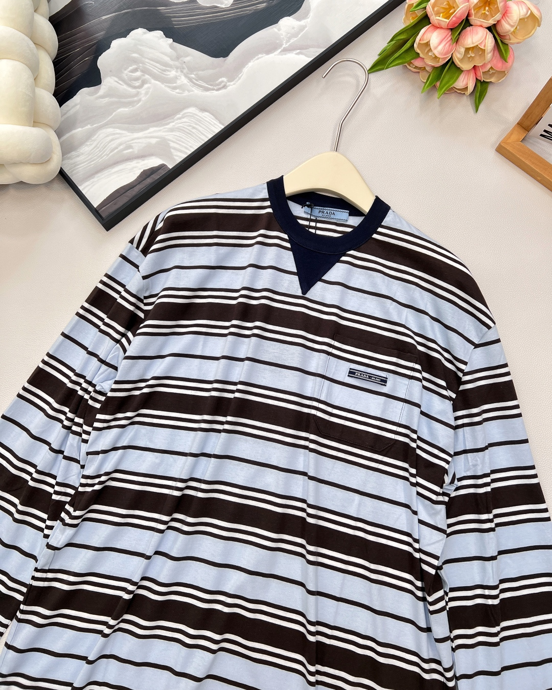 🆕Prada25Ss春夏新款薄荷巧克力🍫🩵条纹长袖圆领T恤丨⚠独家高版出品！超级高级的配色搭配 宽松版型