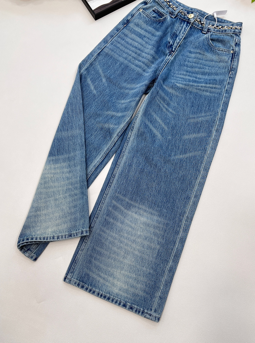 🆕CHANEL新款小香新款贵气奢感重工编织腰带装饰直筒阔腿牛仔裤手工编织混金丝麻绳腰带装饰很贵气！一比一