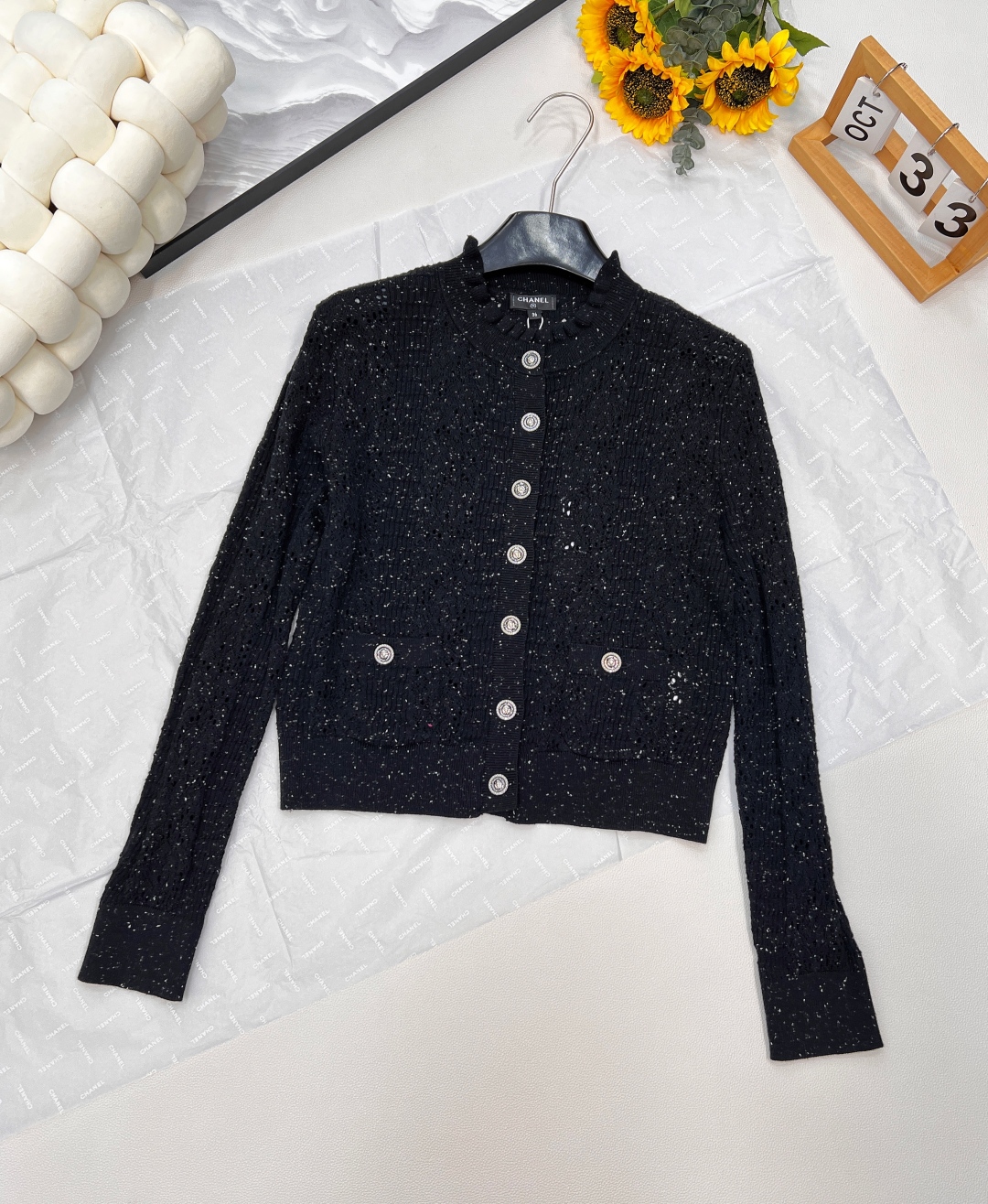 Elegant Chanel Inspired Black Knit Cardigan with Lace Trim & Silver Thread