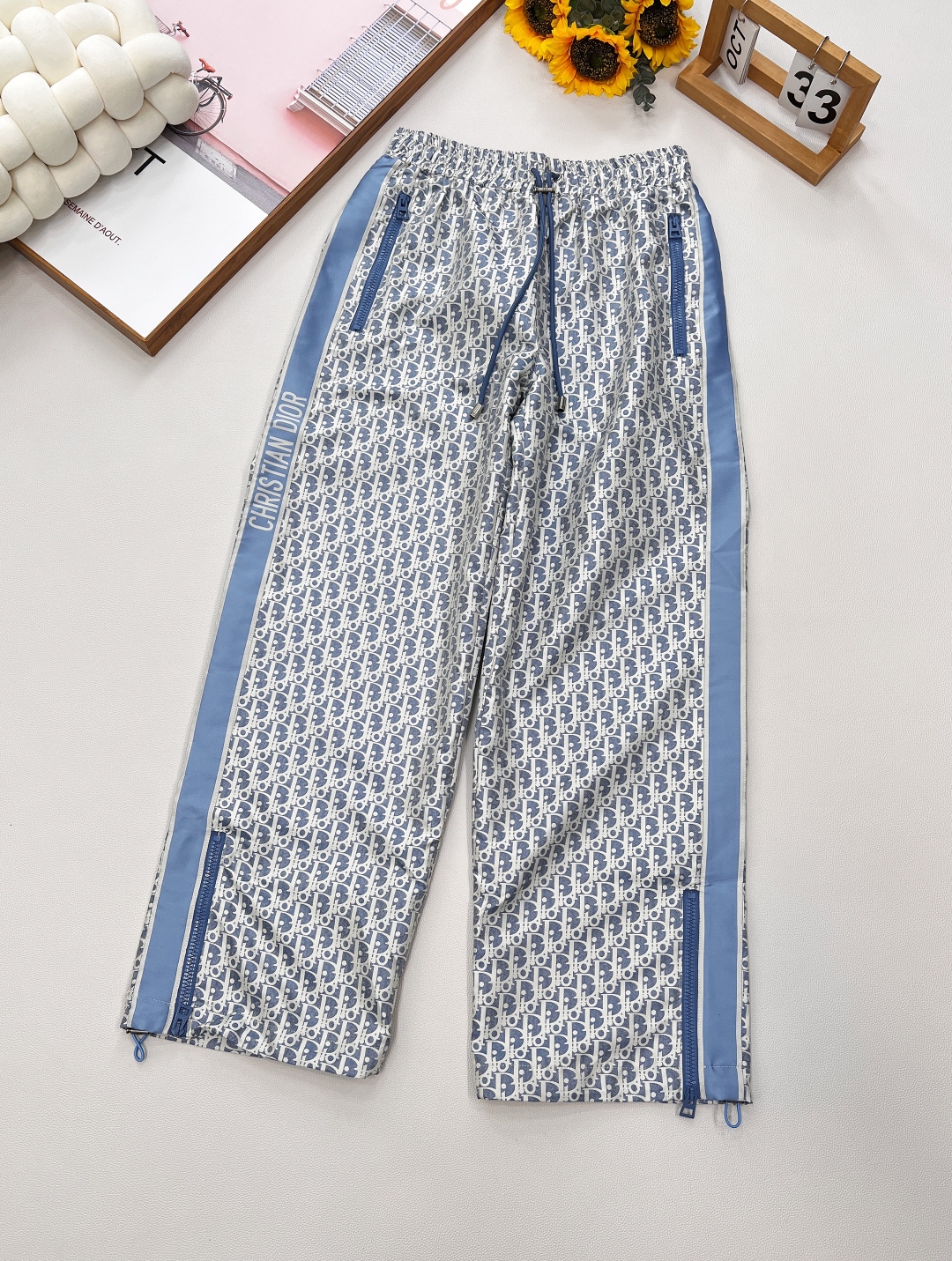 Dior Oblique Print Pants Women's Casual Trousers with Logo Tape Details