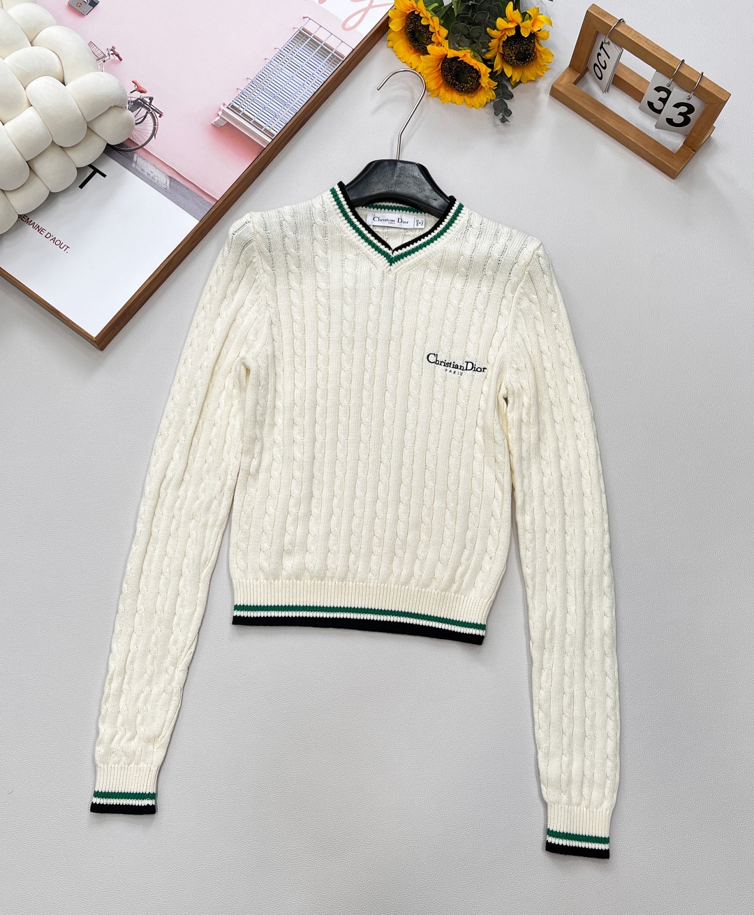 Dior Women's Striped Cable-Knit V-Neck Sweater, Slim Fit, Long Sleeve