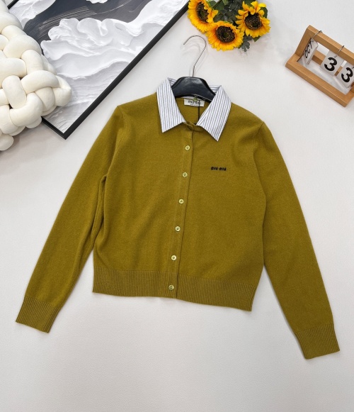 Miu Miu Women's Olive Green Wool Blend Cardigan with Shirt Collar 1 Miu Miu Women's Olive Green Wool Blend Cardigan with Shirt Collar