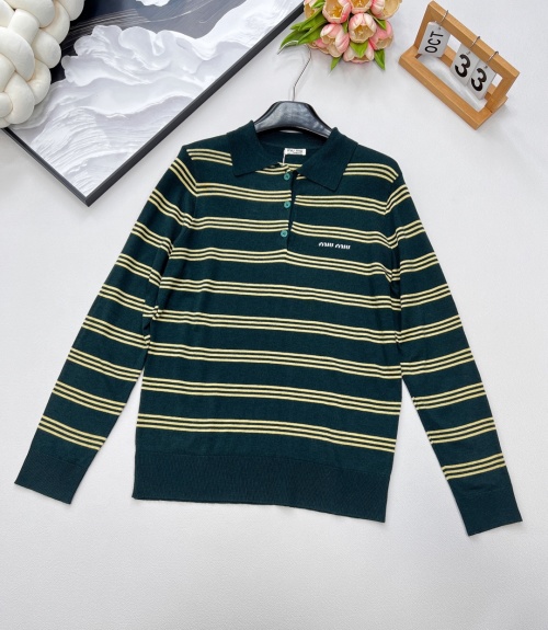 Miu Miu Women's Striped Polo Collar Knitted Sweater, Logo Inlay - New 25SS 1 Miu Miu Women's Striped Polo Collar Knitted Sweater, Logo Inlay - New 25SS