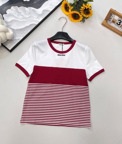 Miu Miu Striped Cotton Jersey Tee - Short Sleeve, Round Neck, Casual Style 1 Miu Miu Striped Cotton Jersey Tee - Short Sleeve, Round Neck, Casual Style