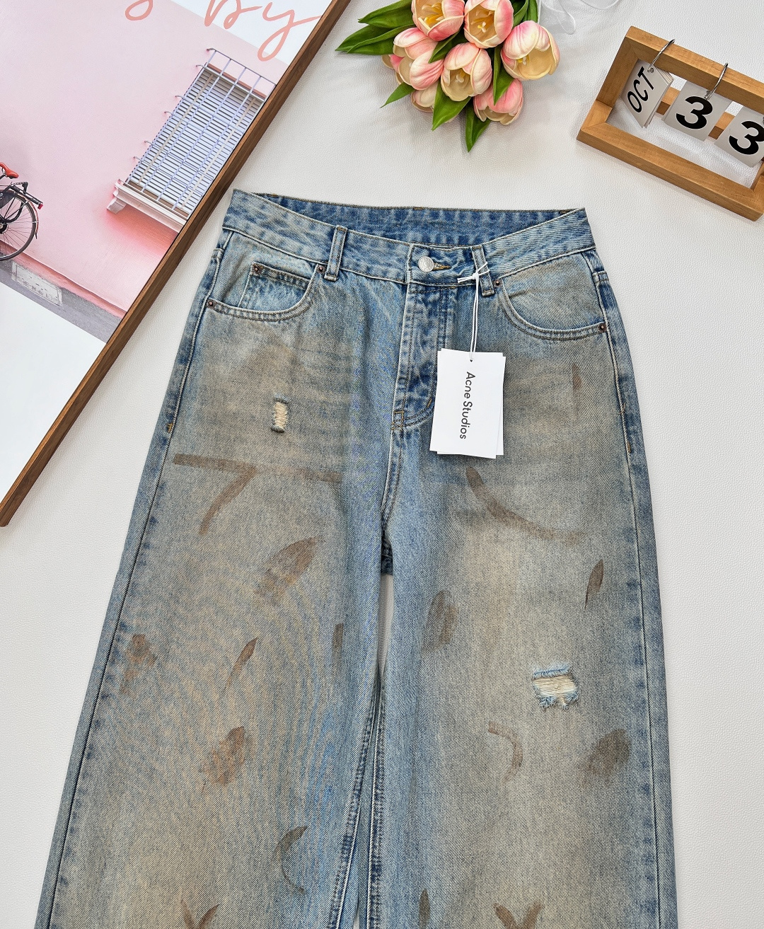 🆕AcneStudios25款早秋新品后拼皮袋做旧双色脏脏破洞长裤，这款孙怡同款某书已经爆了！！脏脏裤直