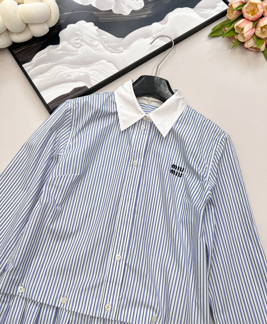 🆕Miumiu25SS早秋新款褶皱条纹府绸衬衫式连衣裙丨⚠独家yb开发！高版出品！这款府绸迷你裙的女性线