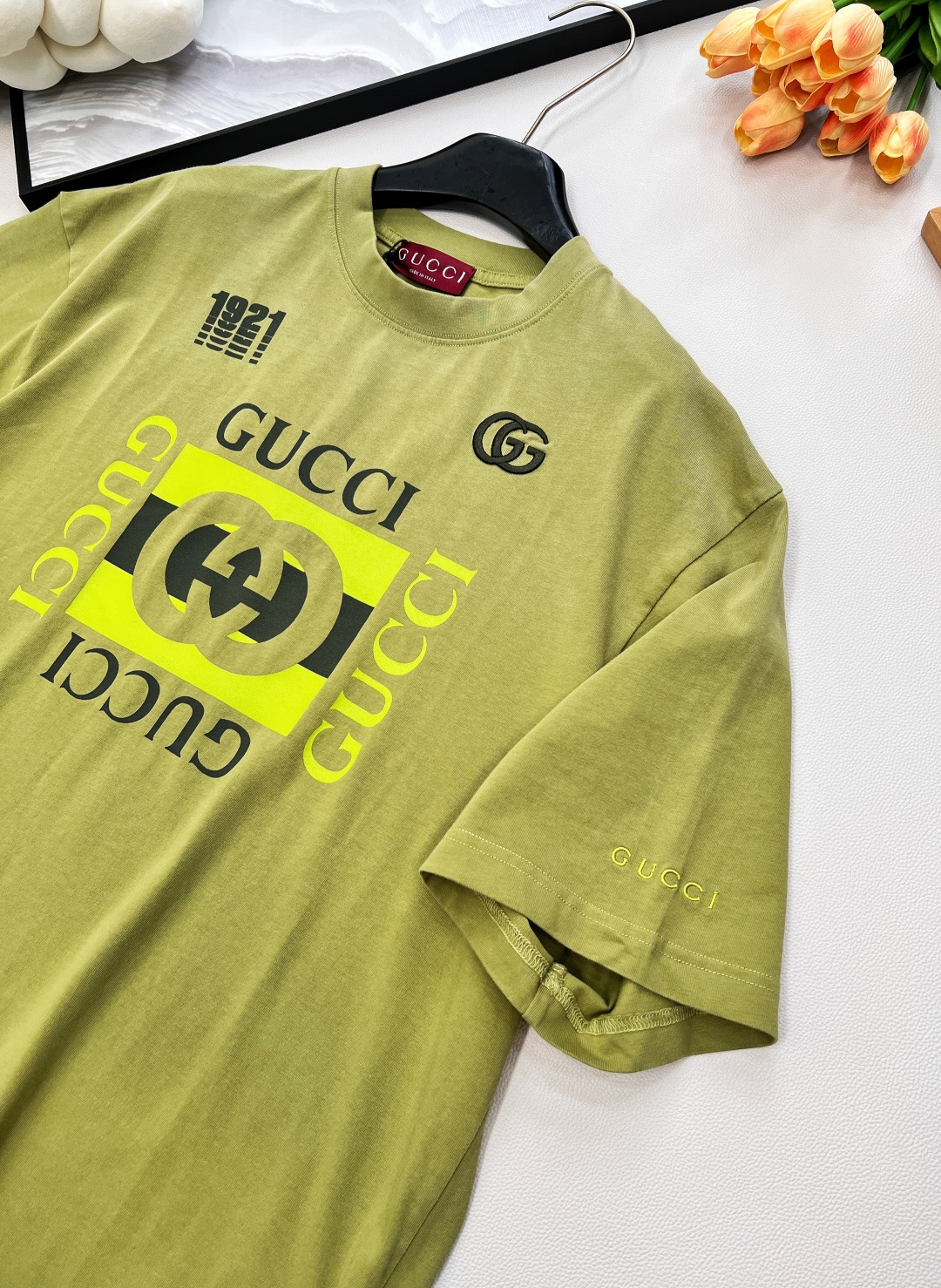 🆕GucciSS新款重工炒色印花圆领短袖T恤，定制YB原生全棉材质 透气舒适 质感十足 宽松短袖T恤裁剪