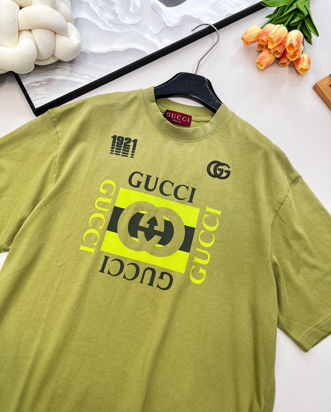 🆕GucciSS新款重工炒色印花圆领短袖T恤，定制YB原生全棉材质 透气舒适 质感十足 宽松短袖T恤裁剪