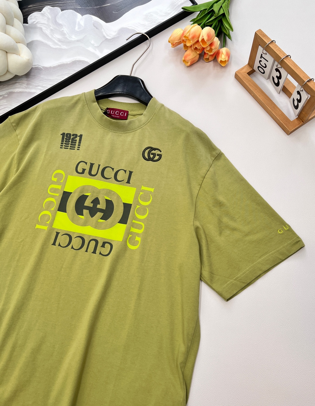 🆕GucciSS新款重工炒色印花圆领短袖T恤，定制YB原生全棉材质 透气舒适 质感十足 宽松短袖T恤裁剪