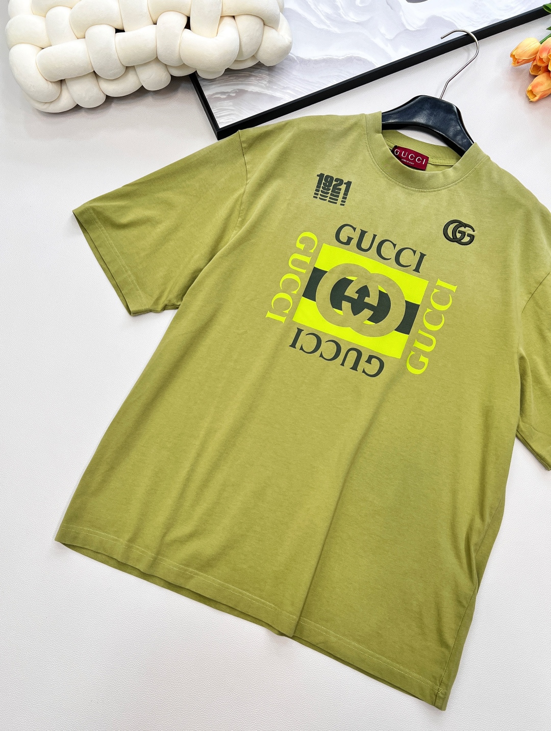 🆕GucciSS新款重工炒色印花圆领短袖T恤，定制YB原生全棉材质 透气舒适 质感十足 宽松短袖T恤裁剪