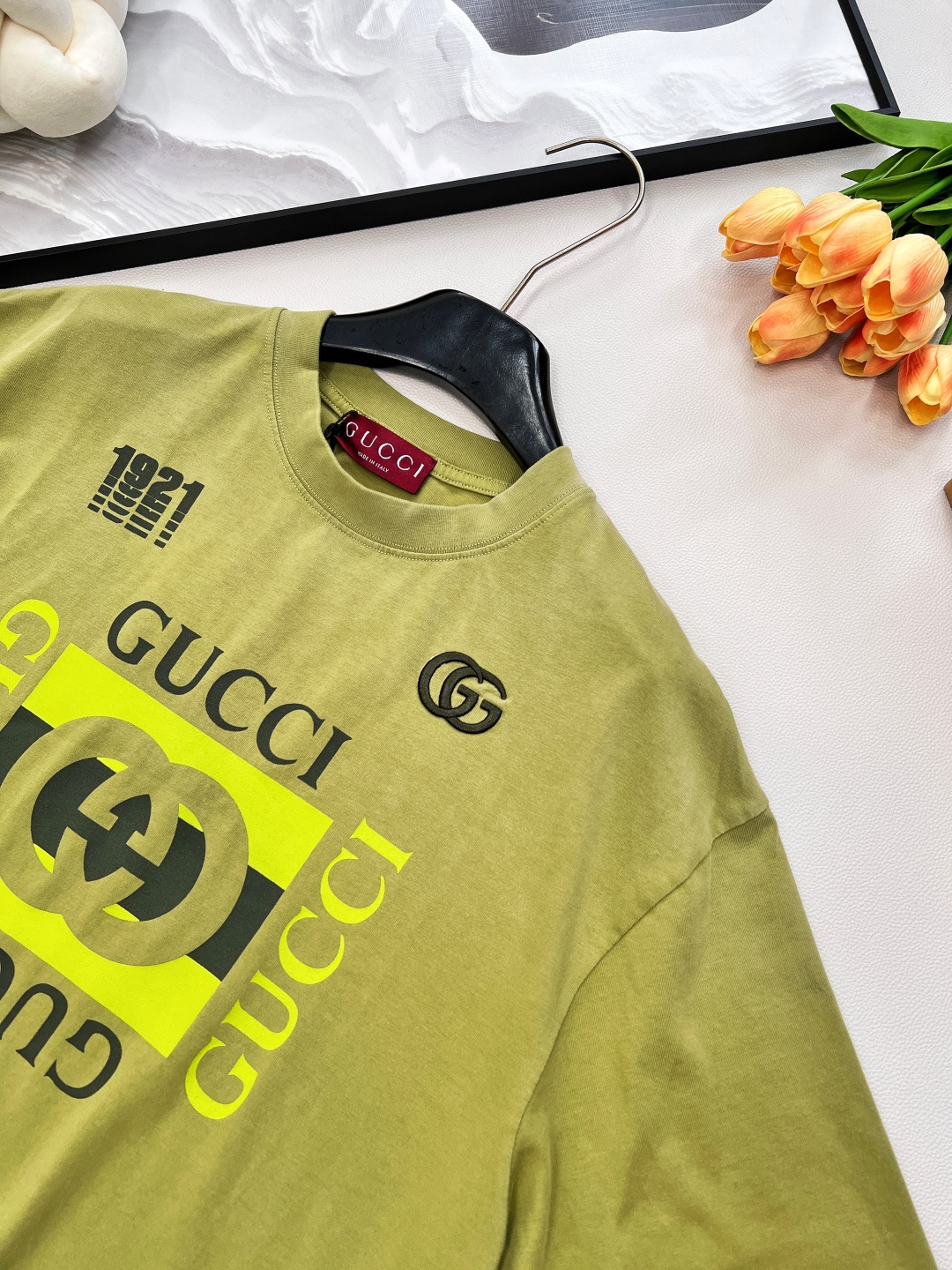 🆕GucciSS新款重工炒色印花圆领短袖T恤，定制YB原生全棉材质 透气舒适 质感十足 宽松短袖T恤裁剪