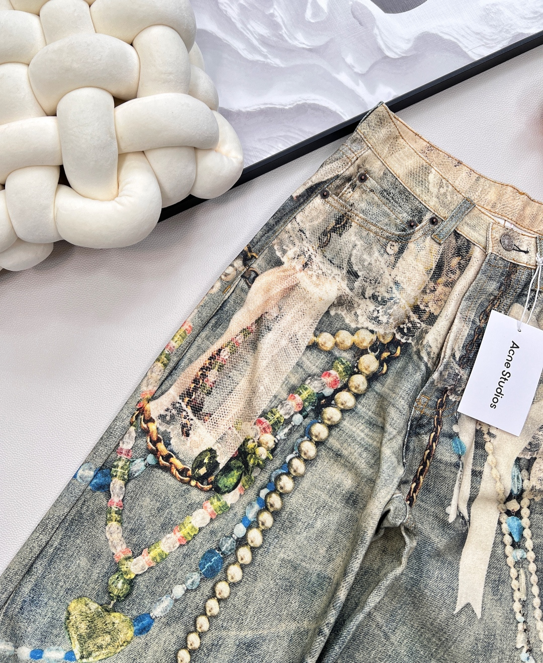 🆕早秋新款Acne Studio*3D打印蕾丝珍珠链条⛓牛仔长裤 ，AC年度裤王上身，1981M的版型上