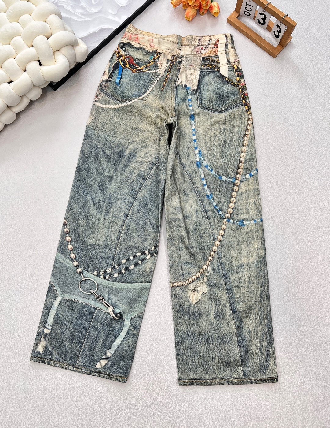 🆕早秋新款Acne Studio*3D打印蕾丝珍珠链条⛓牛仔长裤 ，AC年度裤王上身，1981M的版型上