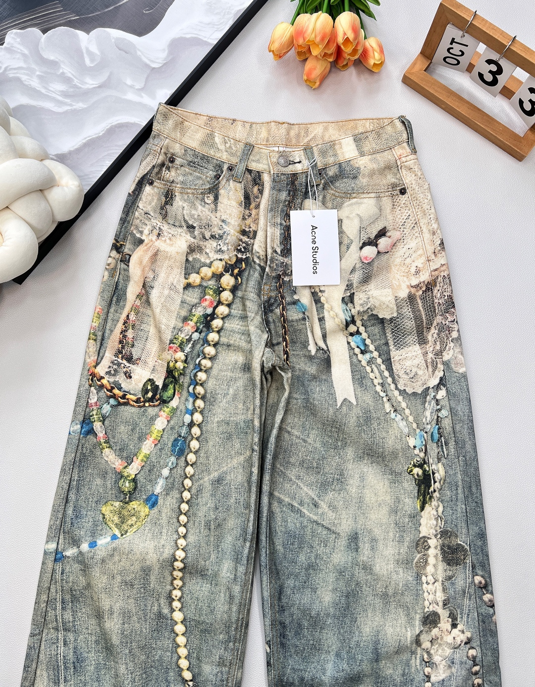 🆕早秋新款Acne Studio*3D打印蕾丝珍珠链条⛓牛仔长裤 ，AC年度裤王上身，1981M的版型上