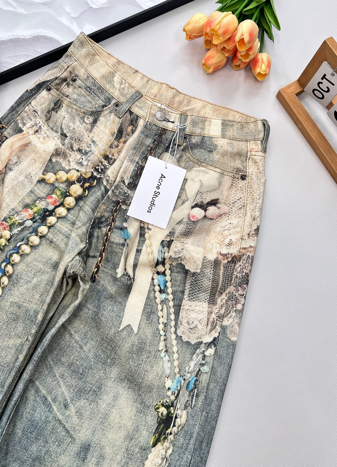 🆕早秋新款Acne Studio*3D打印蕾丝珍珠链条⛓牛仔长裤 ，AC年度裤王上身，1981M的版型上