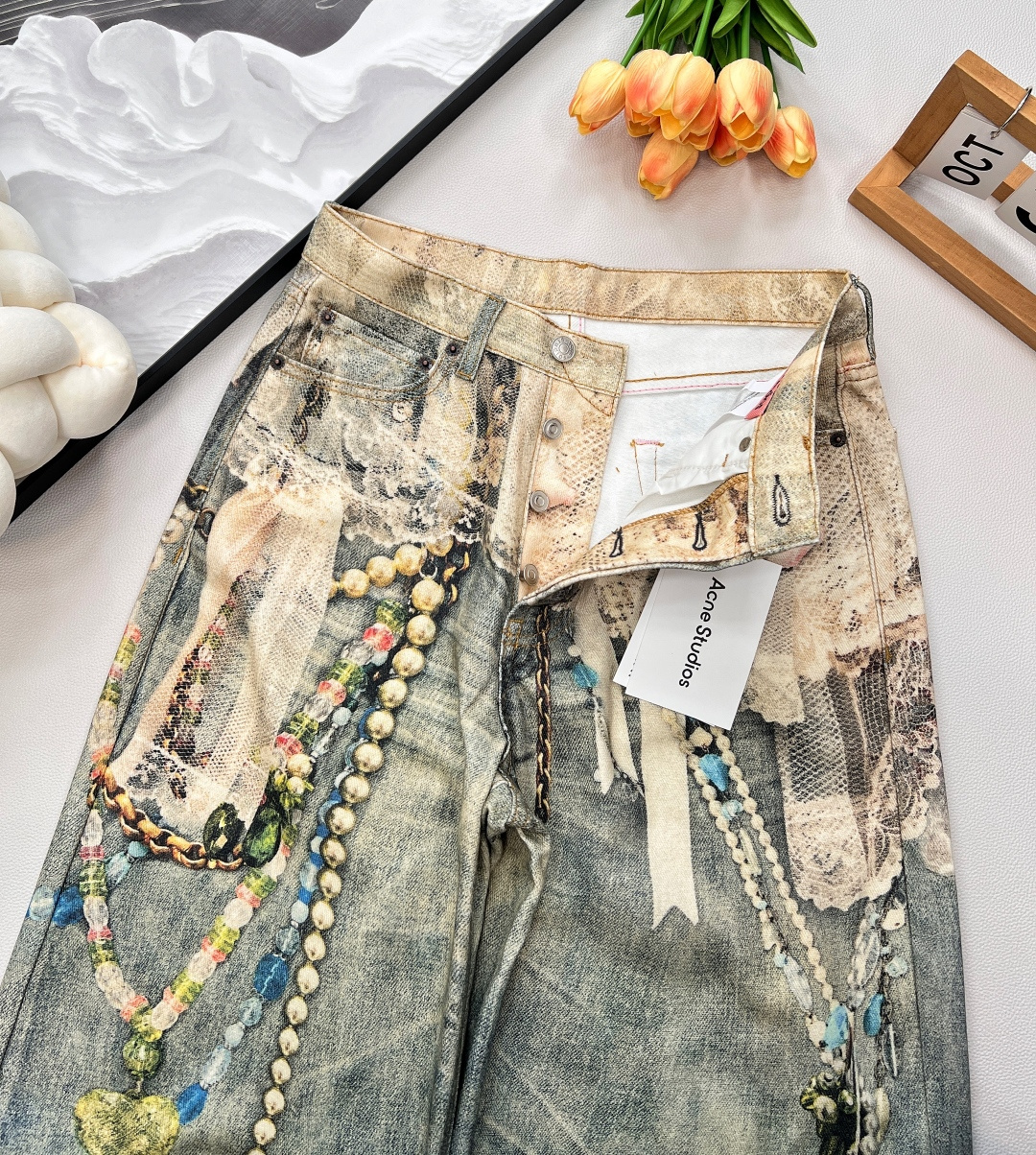 🆕早秋新款Acne Studio*3D打印蕾丝珍珠链条⛓牛仔长裤 ，AC年度裤王上身，1981M的版型上