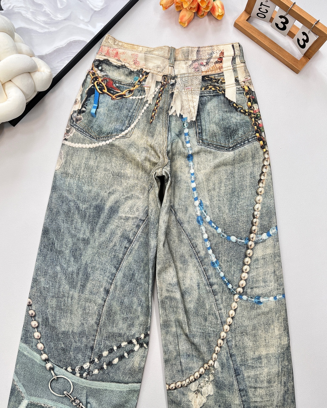 🆕早秋新款Acne Studio*3D打印蕾丝珍珠链条⛓牛仔长裤 ，AC年度裤王上身，1981M的版型上