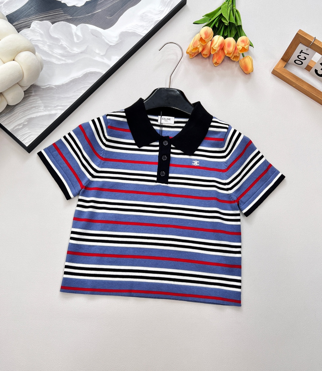 NO:458448,Celine25Ss spring and summer new micro-label embroidered short striped knitted Polo shirt丨High-end production!  Embroidered logo with brand logo, contrasting color knitted polo neckline, age-reducing contrasting color stripes pattern, button opening and closing, elastic style, workmanship quality depends on details. Three standards are complete, large-scale products are available SML code, celine, alexander wang19860909Celine25Ss春夏新款微标刺绣短款条纹针织Polo衫丨高版出品！饰有品牌标识刺绣徽标 撞色针织polo领口 减龄撞色条纹图案 纽扣开合 弹力版型 做工品质看细节.三标齐全,大货出 尺码sml 编码,,celine,alexander wang,Women's clothing