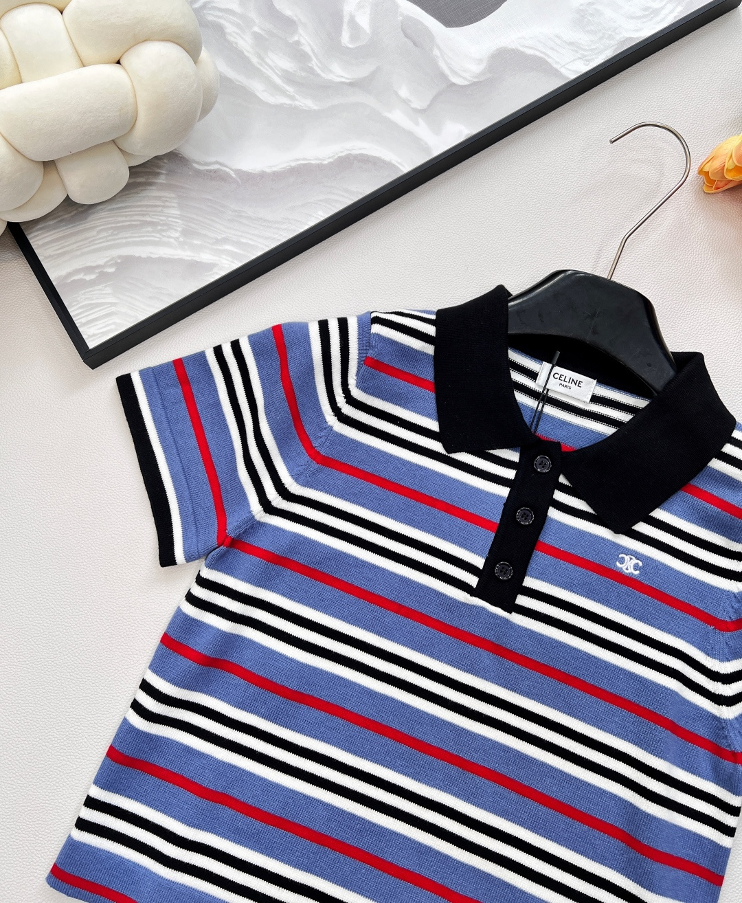 🆕Celine25Ss春夏新款微标刺绣短款条纹针织Polo衫丨高版出品！饰有品牌标识刺绣徽标 撞色针织p