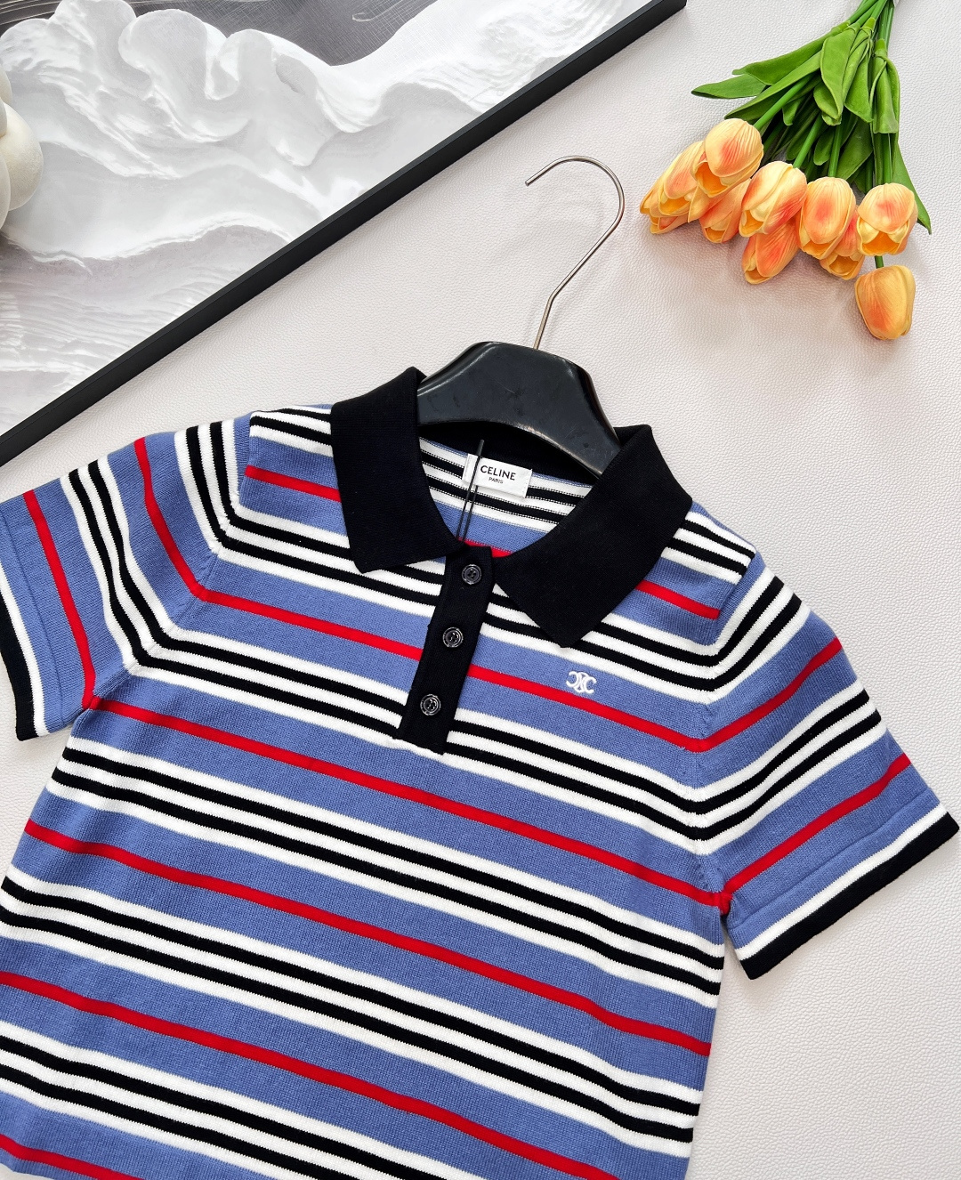 🆕Celine25Ss春夏新款微标刺绣短款条纹针织Polo衫丨高版出品！饰有品牌标识刺绣徽标 撞色针织p