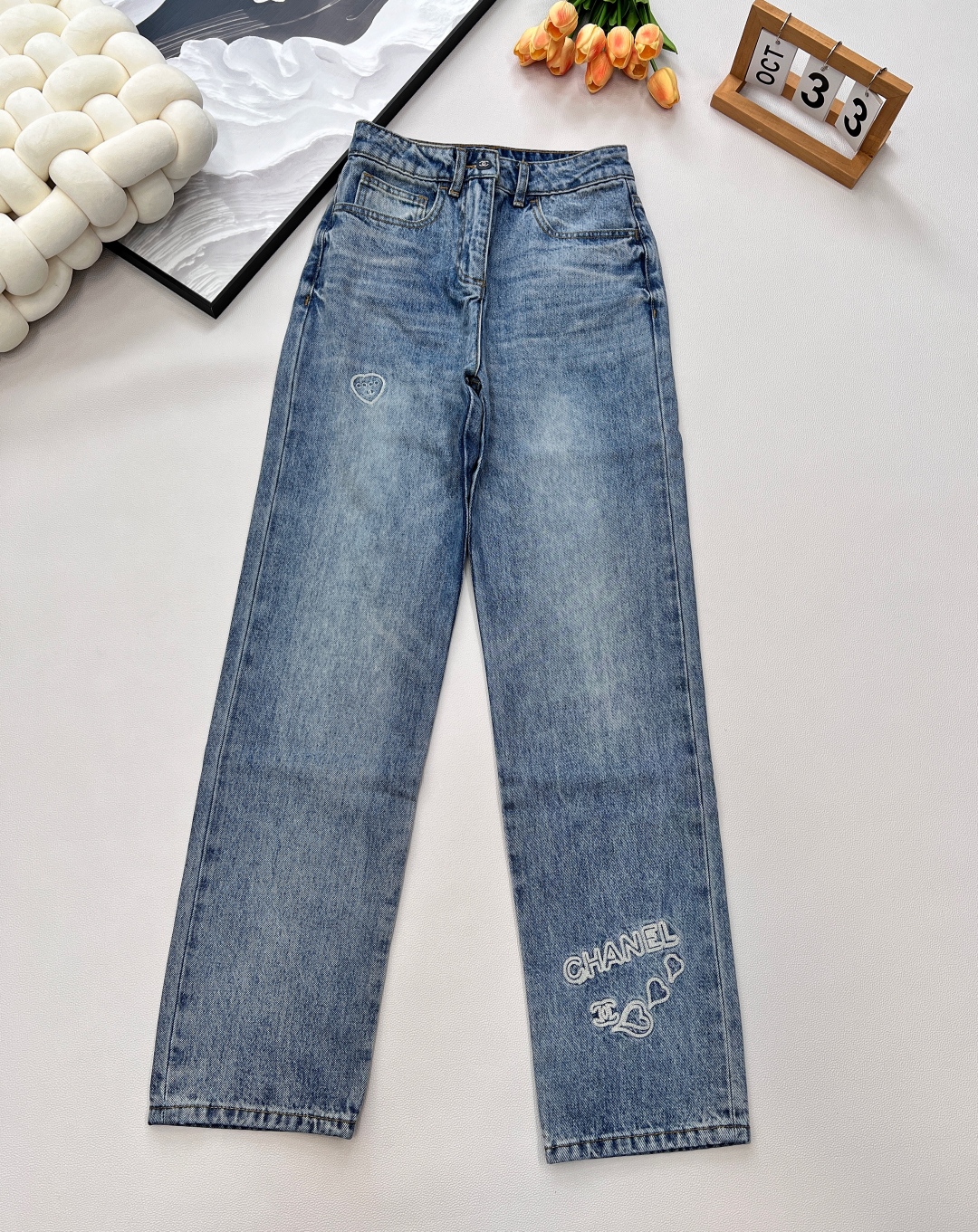 Chanel New Embroidery Straight-Leg Jeans High-Waisted Loose Fit Denim Pants