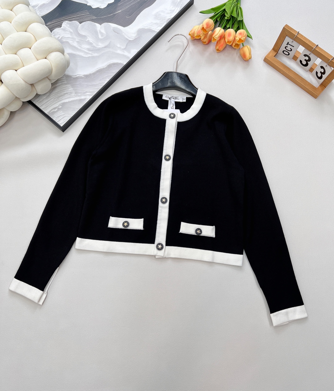 Dior Black & White Knit Cardigan with Button Closure - Classic & Stylish